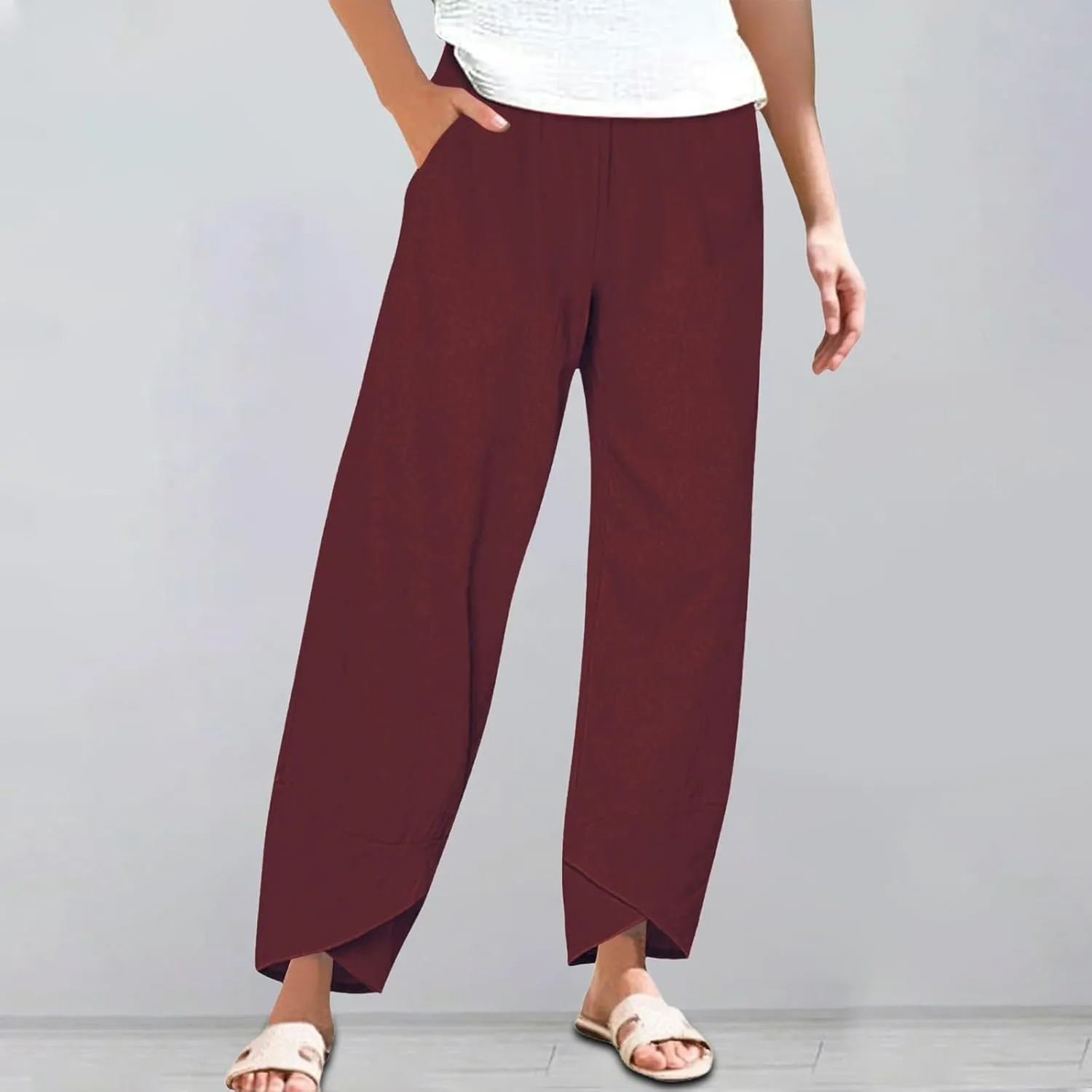 Women's Cotton Linen Pants Summer 2025 Casual Capri Pants with Pockets Cropped High Waisted Comfy Baggy Trousers