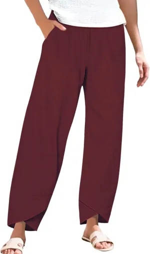 Women's Cotton Linen Pants Summer 2025 Casual Capri Pants with Pockets Cropped High Waisted Comfy Baggy Trousers
