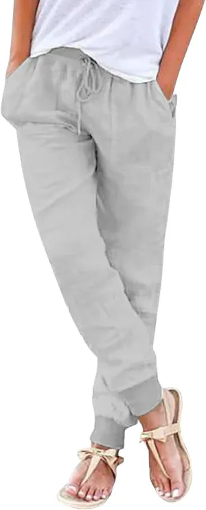 Women's Cotton Linen Pants Summer Lightweight Drawstring Lounge Pants Cinch Bottom Baggy Casual Trousers with Pockets