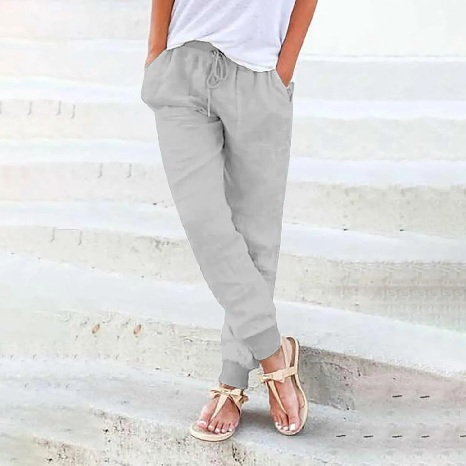 Women's Cotton Linen Pants Summer Lightweight Drawstring Lounge Pants Cinch Bottom Baggy Casual Trousers with Pockets