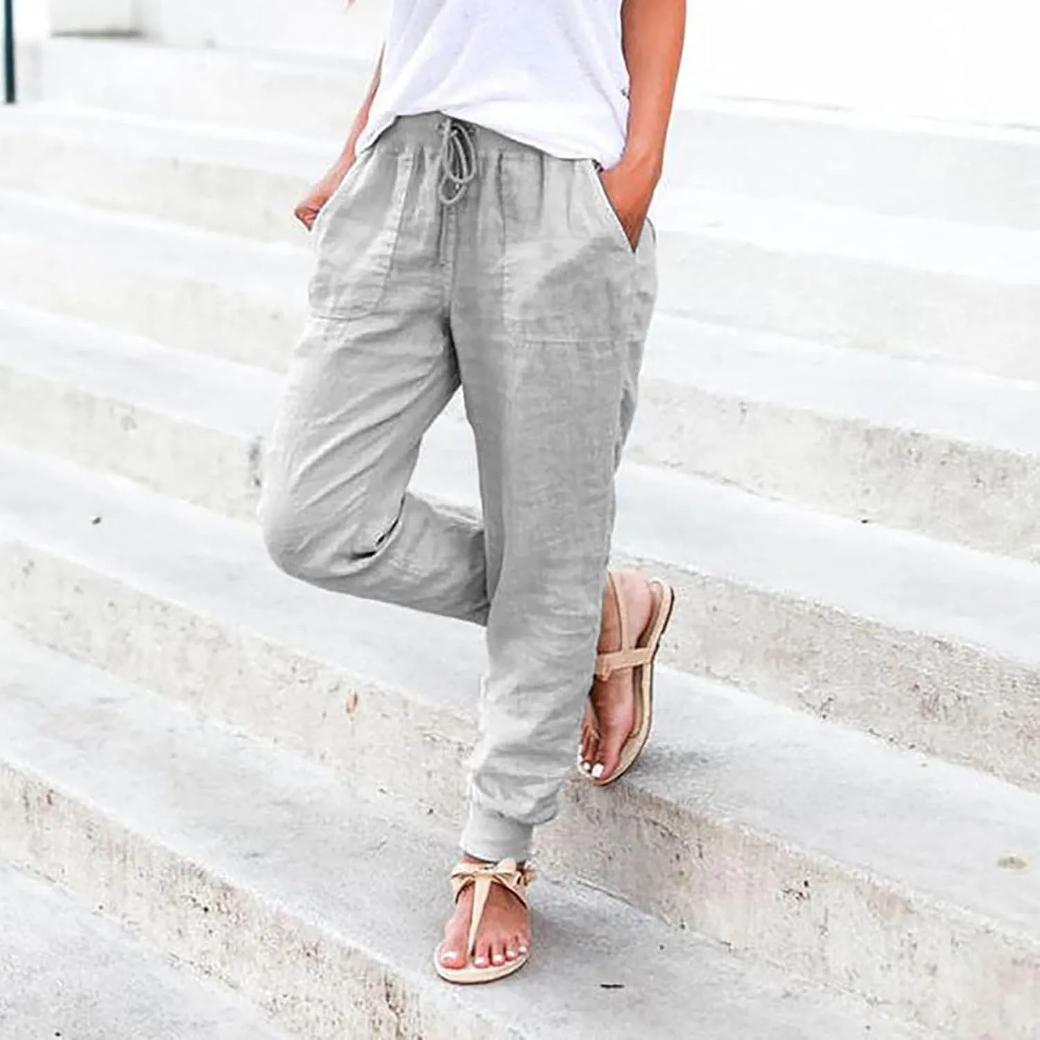 Women's Cotton Linen Pants Summer Lightweight Drawstring Lounge Pants Cinch Bottom Baggy Casual Trousers with Pockets