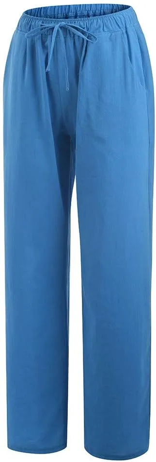 Womens Cotton Linen Pants Wide Leg Summer Casual Loose Drawstring High Waist Trousers Lightweight Palazzo Pants Pockets