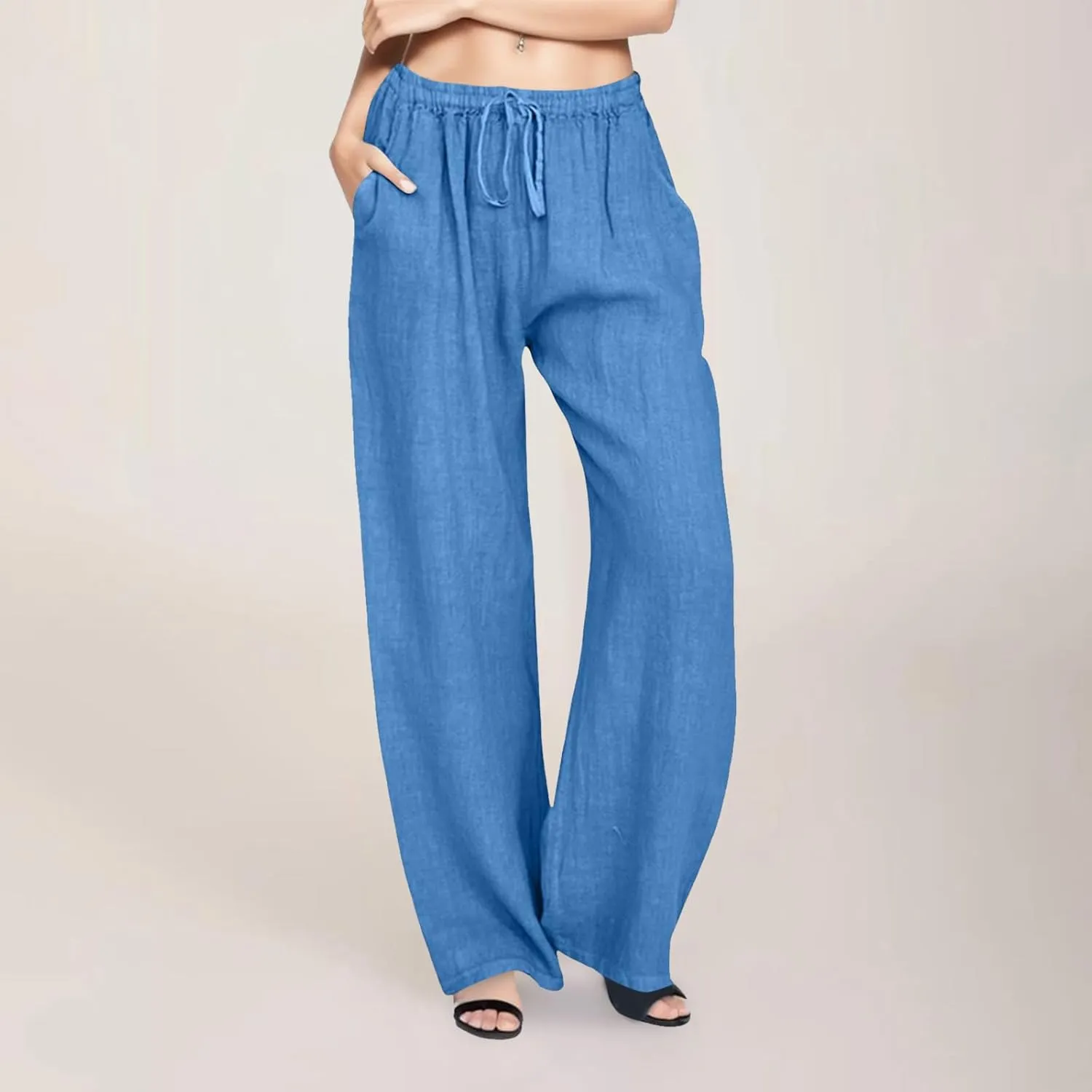 Womens Cotton Linen Pants Wide Leg Summer Casual Loose Drawstring High Waist Trousers Lightweight Palazzo Pants Pockets