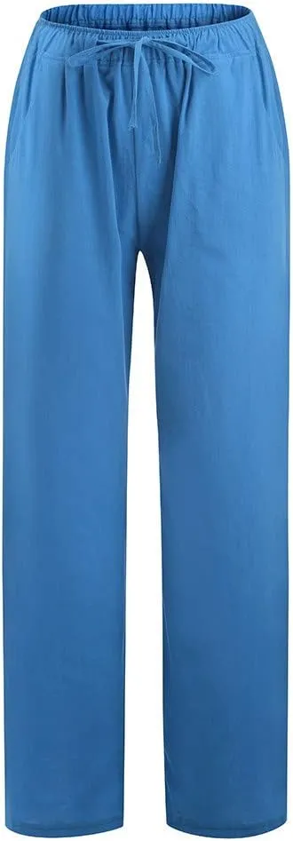 Womens Cotton Linen Pants Wide Leg Summer Casual Loose Drawstring High Waist Trousers Lightweight Palazzo Pants Pockets