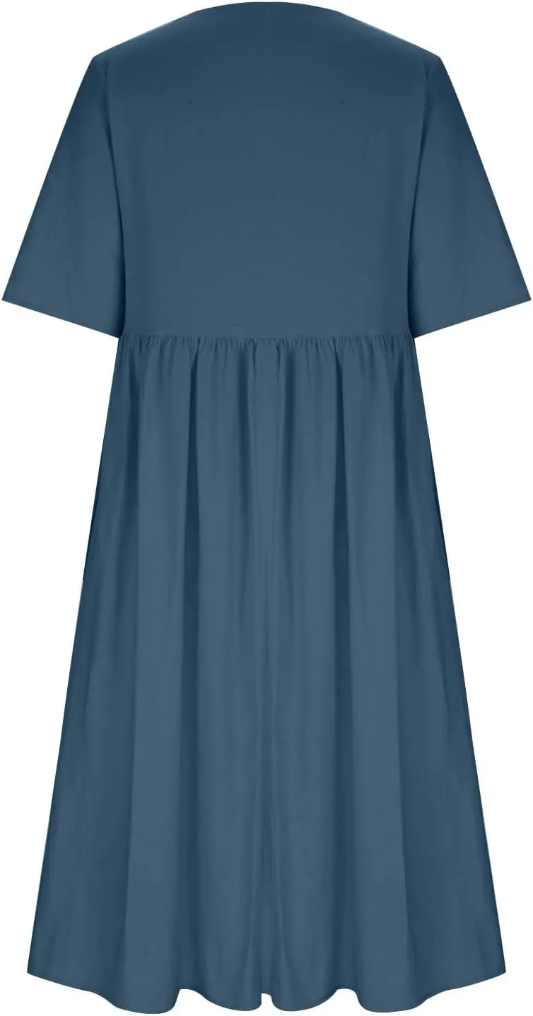 Women's Cotton Linen Ruched Tshirt Dress Dandelion Print Casual Plus Size Midi Dresses Beach Flowy Dress with Pocket