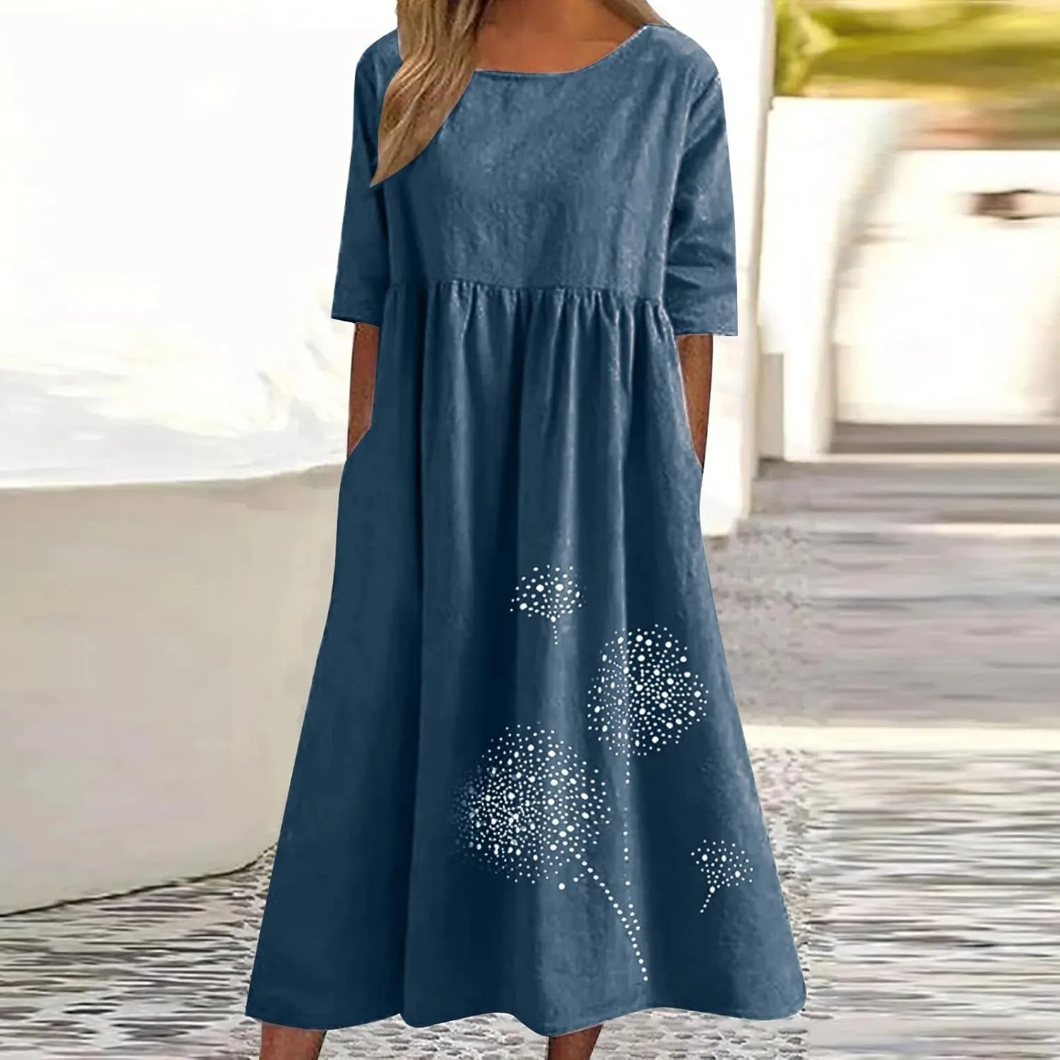 Women's Cotton Linen Ruched Tshirt Dress Dandelion Print Casual Plus Size Midi Dresses Beach Flowy Dress with Pocket