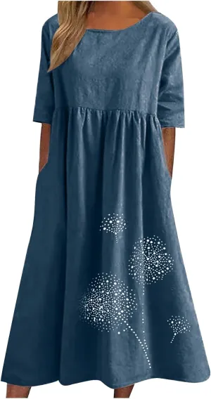 Women's Cotton Linen Ruched Tshirt Dress Dandelion Print Casual Plus Size Midi Dresses Beach Flowy Dress with Pocket