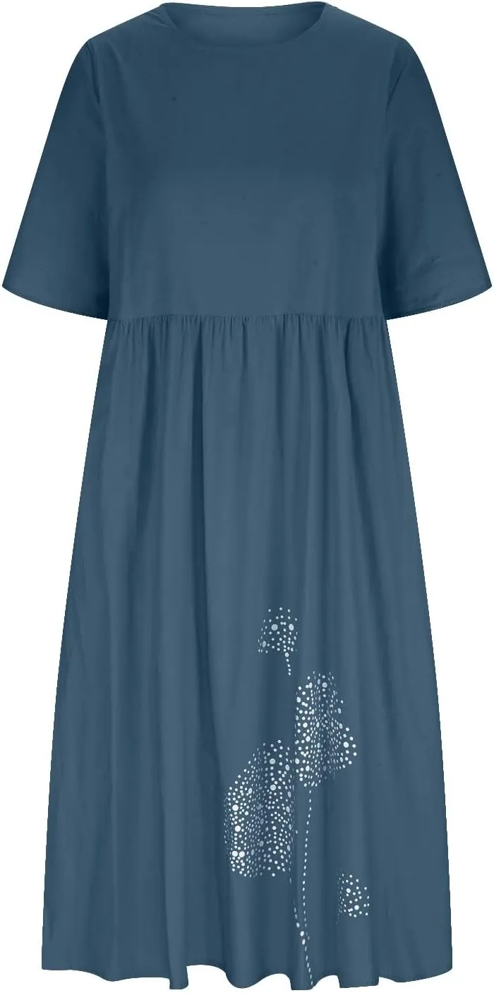 Women's Cotton Linen Ruched Tshirt Dress Dandelion Print Casual Plus Size Midi Dresses Beach Flowy Dress with Pocket