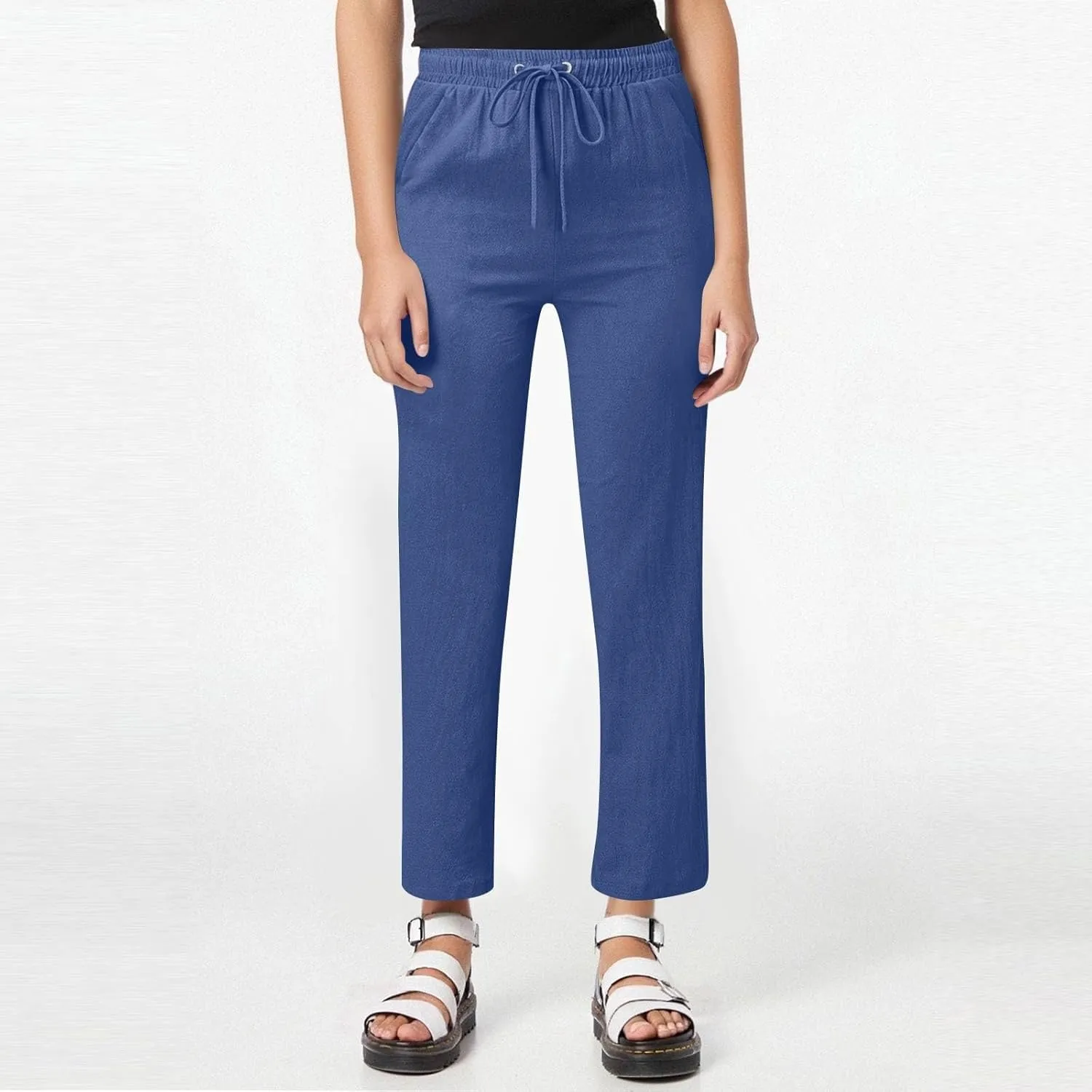 Womens Cotton Linen Straight Leg Pants Elastic High Waist Drawstring Loose Fit Lounge Trousers with Side Pockets