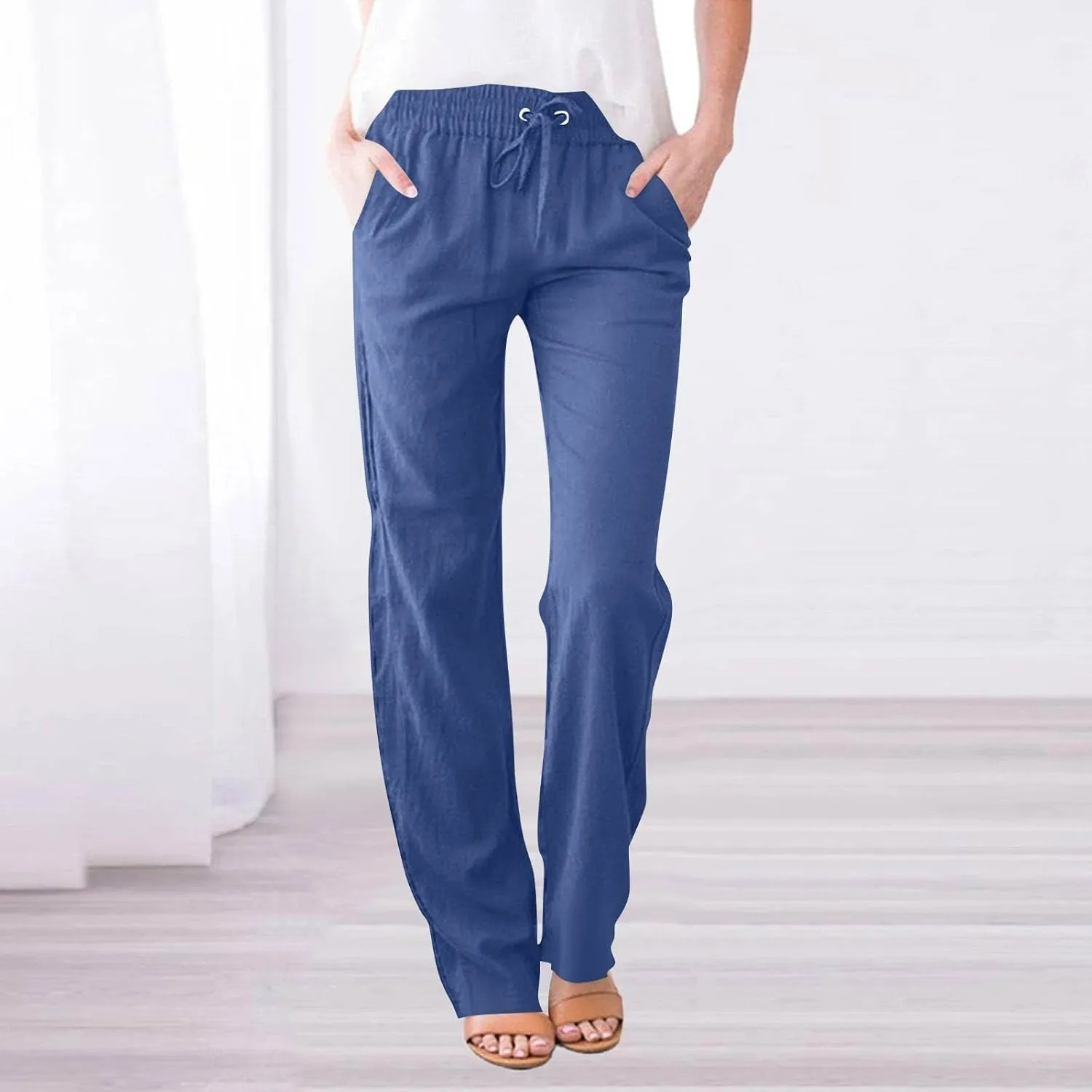 Womens Cotton Linen Straight Leg Pants Elastic High Waist Drawstring Loose Fit Lounge Trousers with Side Pockets