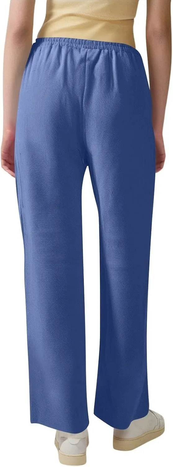 Womens Cotton Linen Straight Leg Pants Elastic High Waist Drawstring Loose Fit Lounge Trousers with Side Pockets