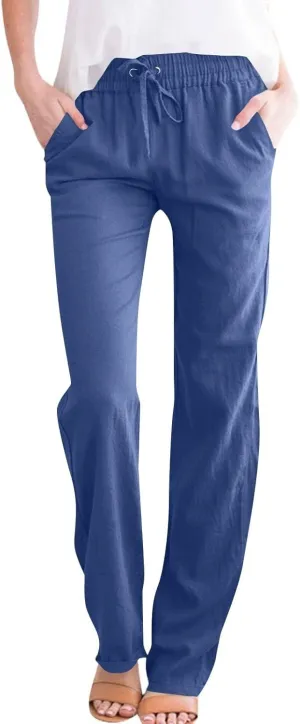 Womens Cotton Linen Straight Leg Pants Elastic High Waist Drawstring Loose Fit Lounge Trousers with Side Pockets