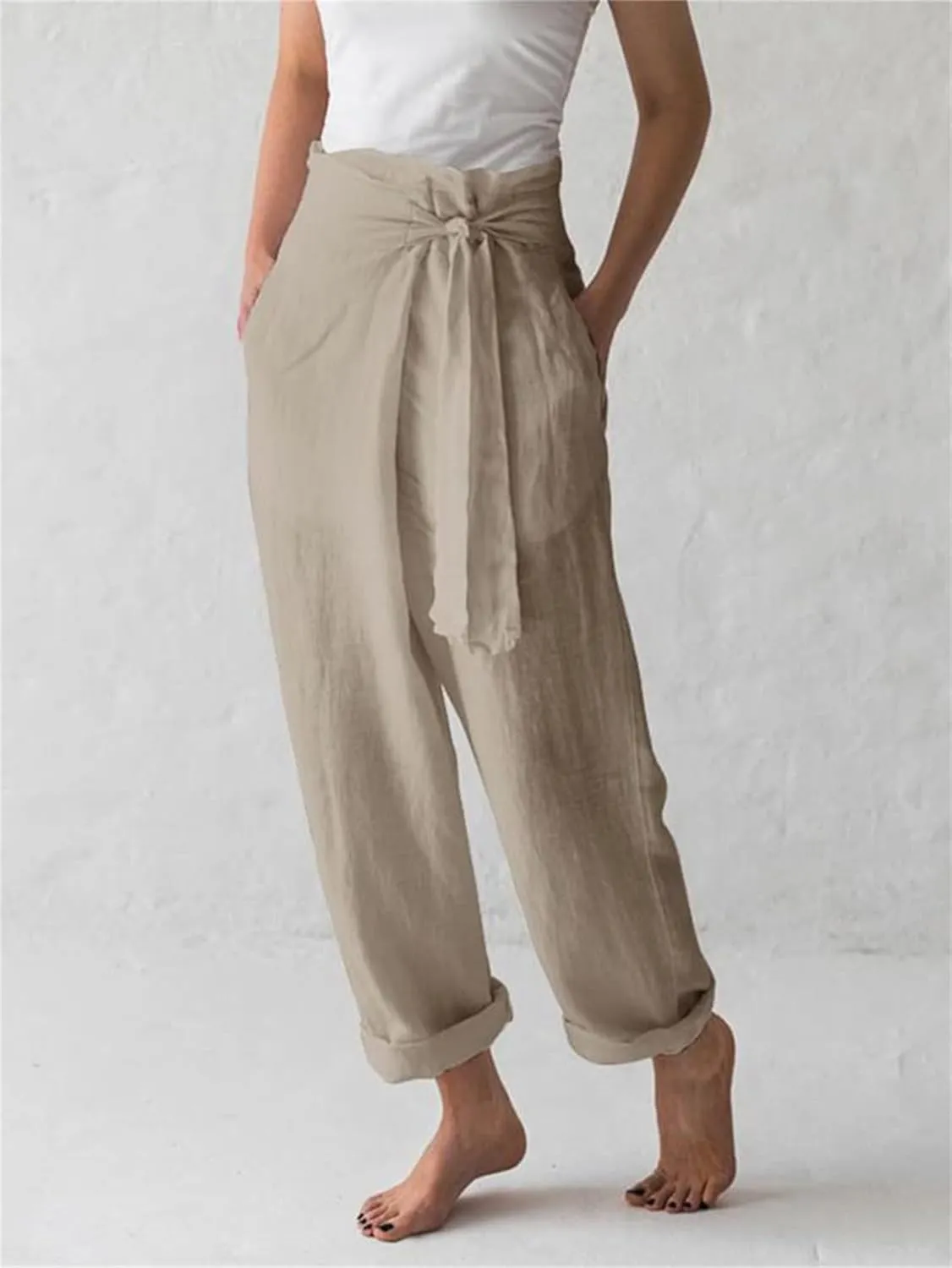 Womens Cotton Linen Wide Leg Pants High Waisted Adjustable Tie Knot Trousers Summer Casual Loose Pants for Women