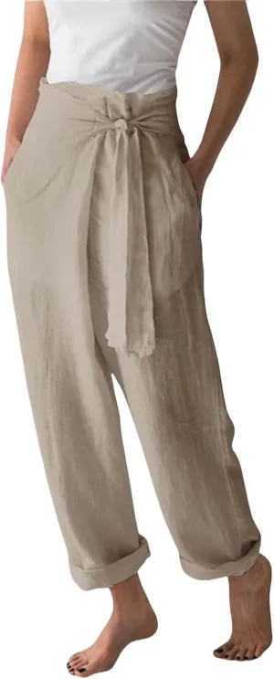 Womens Cotton Linen Wide Leg Pants High Waisted Adjustable Tie Knot Trousers Summer Casual Loose Pants for Women