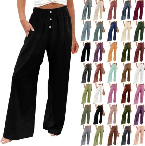 Womens Cotton Linen Wide Leg Pants Summer Lightweight High Waist Palazzo Pant Beach Flowy Button Trouser with Pocket