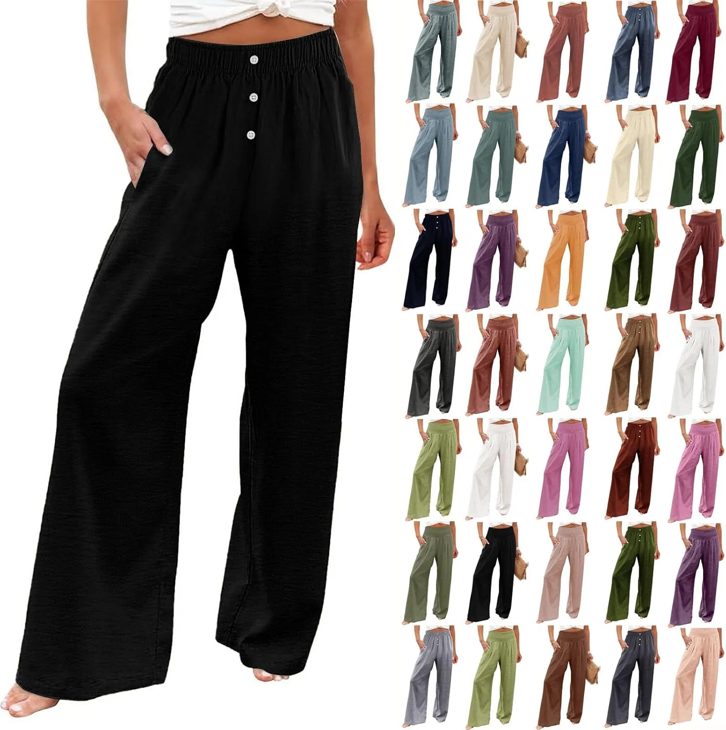 Womens Cotton Linen Wide Leg Pants Summer Lightweight High Waist Palazzo Pant Beach Flowy Button Trouser with Pocket