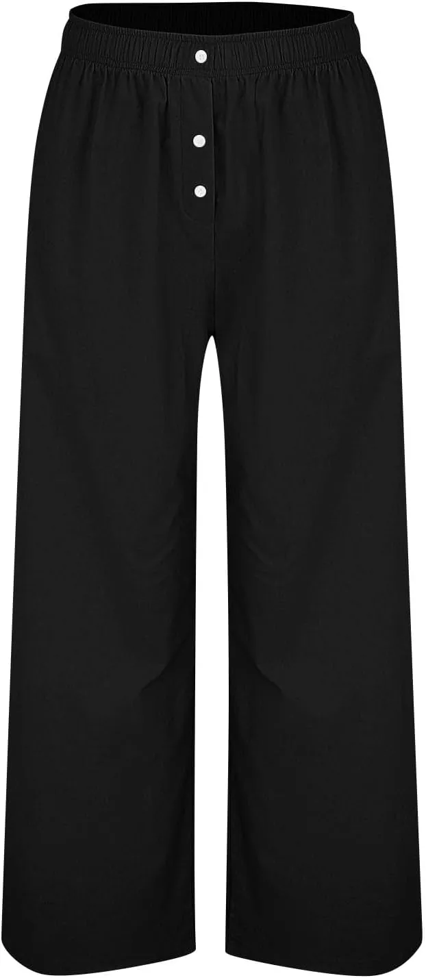 Womens Cotton Linen Wide Leg Pants Summer Lightweight High Waist Palazzo Pant Beach Flowy Button Trouser with Pocket