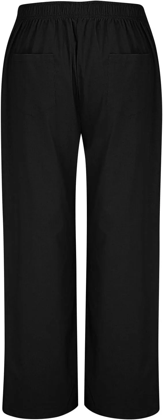 Womens Cotton Linen Wide Leg Pants Summer Lightweight High Waist Palazzo Pant Beach Flowy Button Trouser with Pocket
