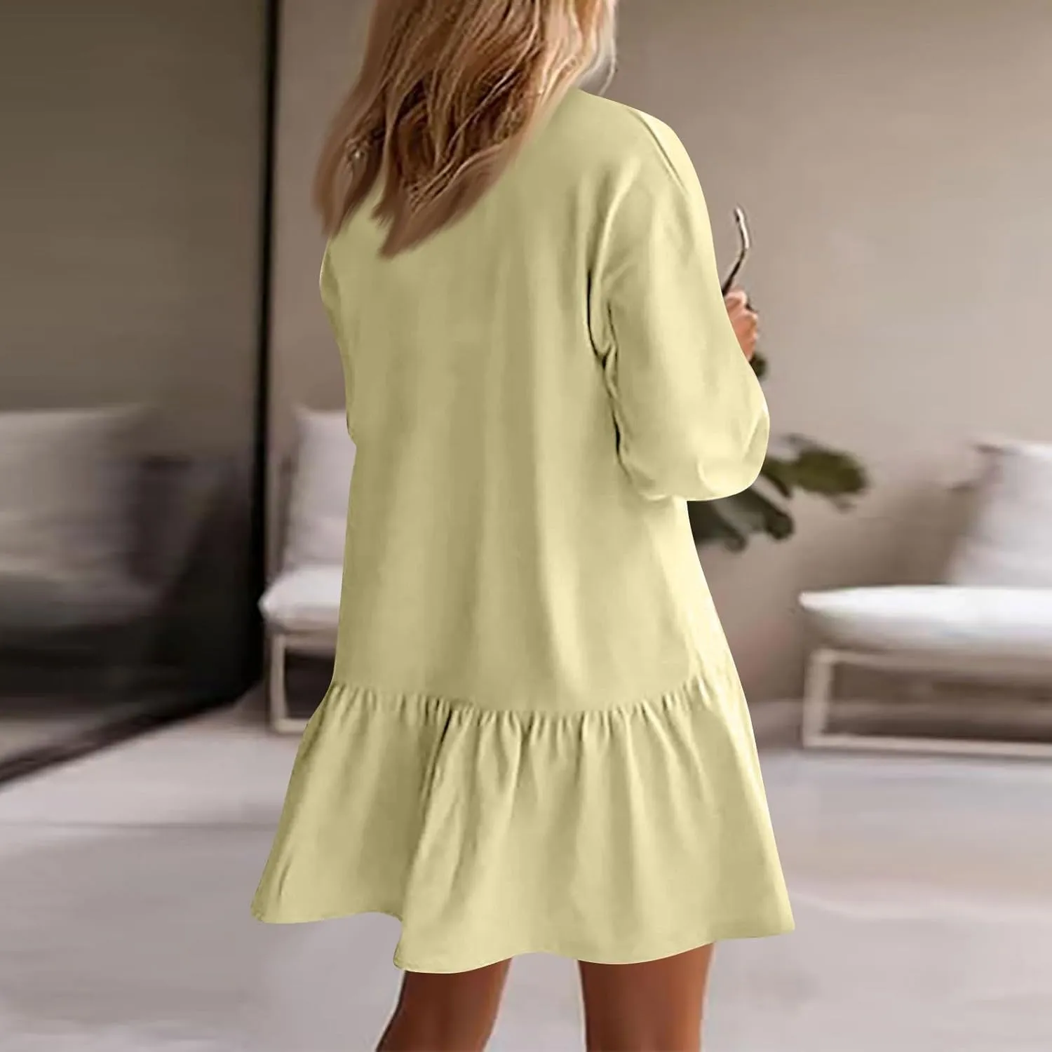 Womens Crewneck Long Sleeve Fall Dresses 2024 Trendy Mini Ruffle Skirts Casual Loose Patchwork Sweatshirt Pullover Tops