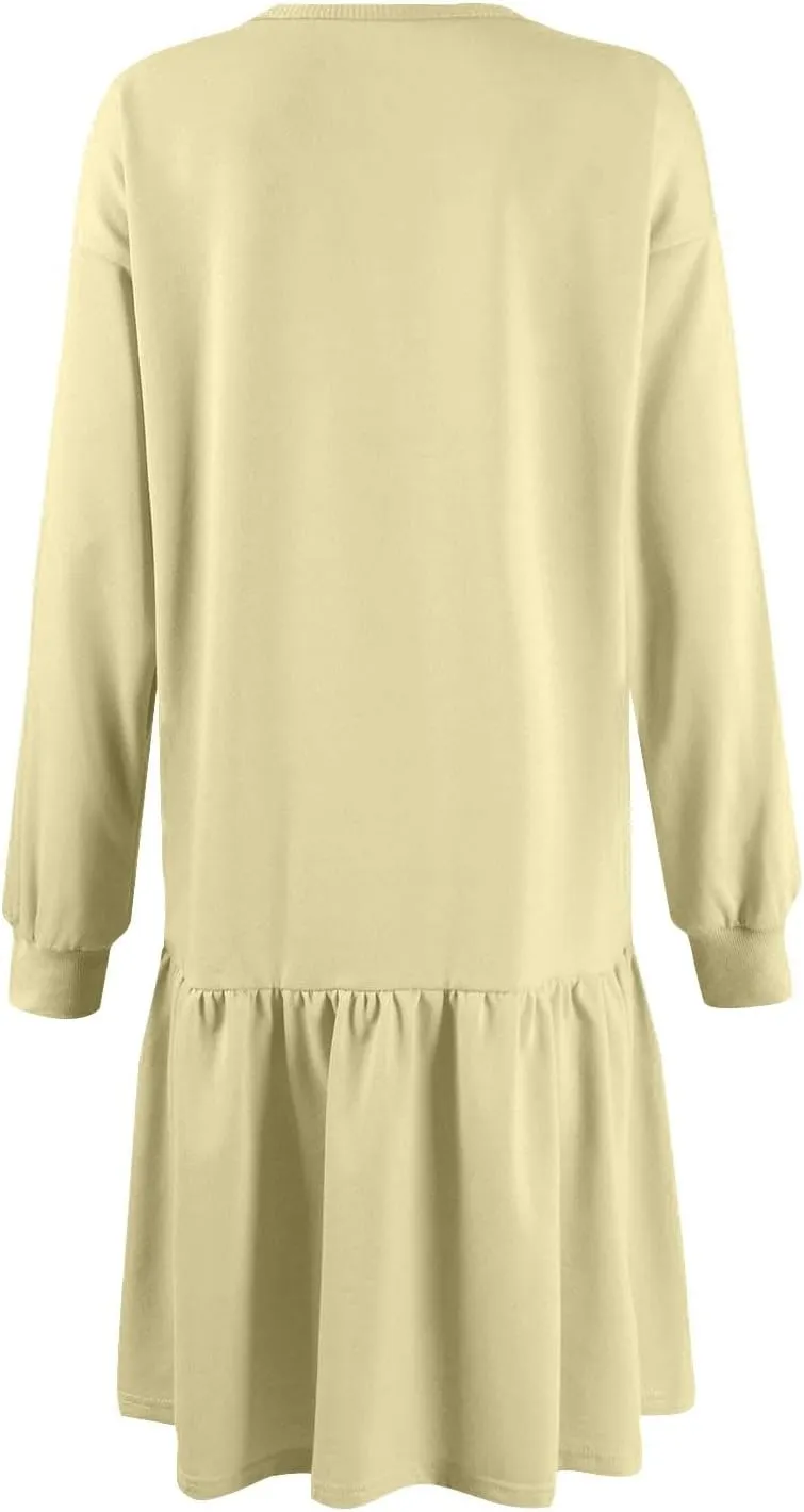 Womens Crewneck Long Sleeve Fall Dresses 2024 Trendy Mini Ruffle Skirts Casual Loose Patchwork Sweatshirt Pullover Tops