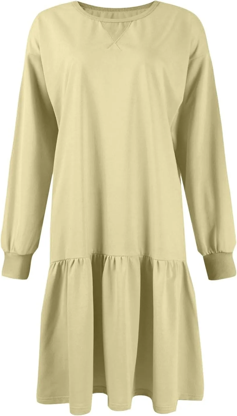 Womens Crewneck Long Sleeve Fall Dresses 2024 Trendy Mini Ruffle Skirts Casual Loose Patchwork Sweatshirt Pullover Tops