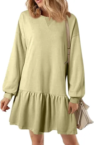 Womens Crewneck Long Sleeve Fall Dresses 2024 Trendy Mini Ruffle Skirts Casual Loose Patchwork Sweatshirt Pullover Tops