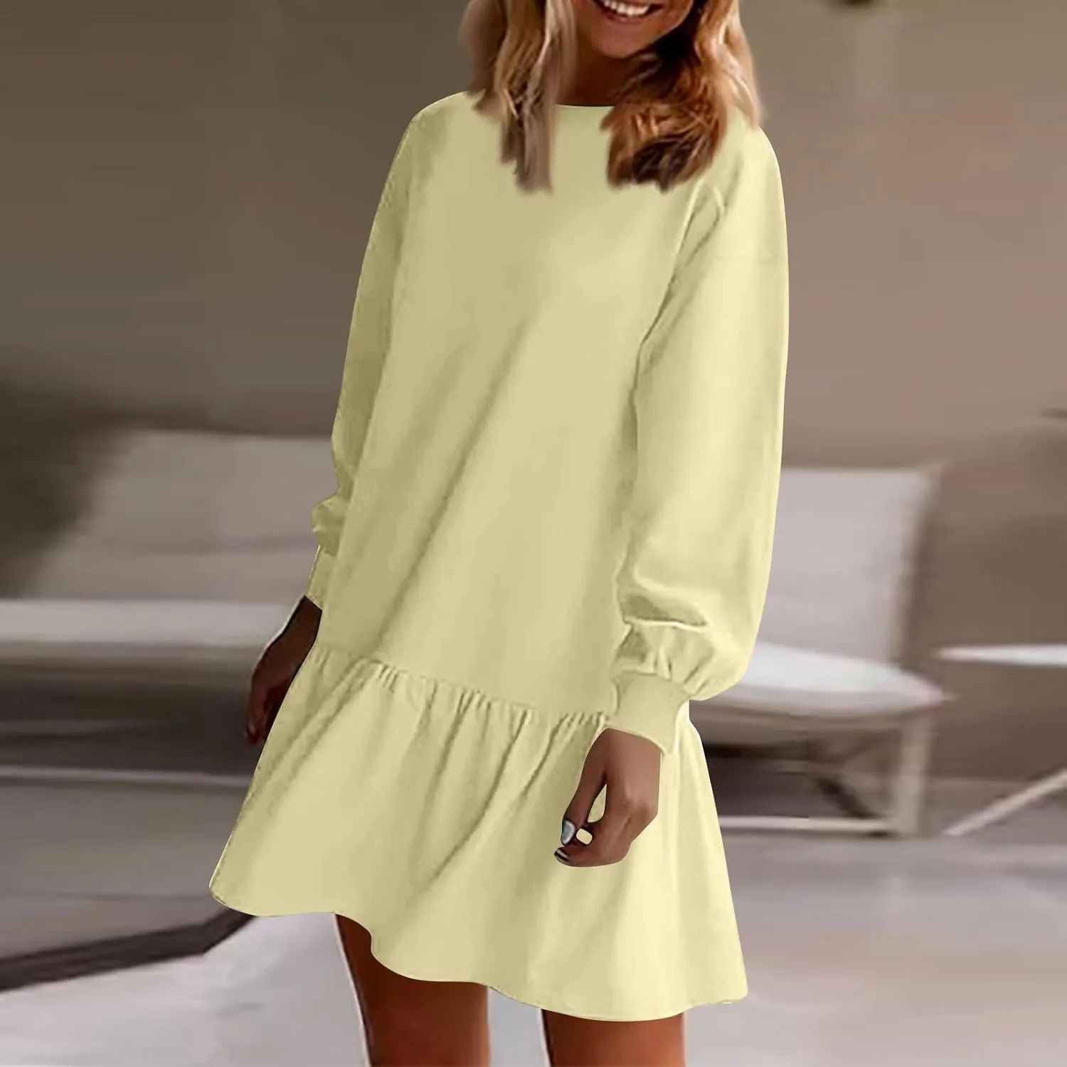 Womens Crewneck Long Sleeve Fall Dresses 2024 Trendy Mini Ruffle Skirts Casual Loose Patchwork Sweatshirt Pullover Tops