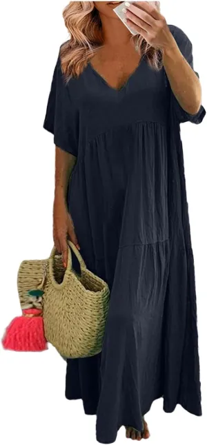 Women's Cruise Outfits 2025 Casual Trendy Loose Short Sleeve V-Neck Solid Color Flowy Maxi Dress Plus Size, S-5XL