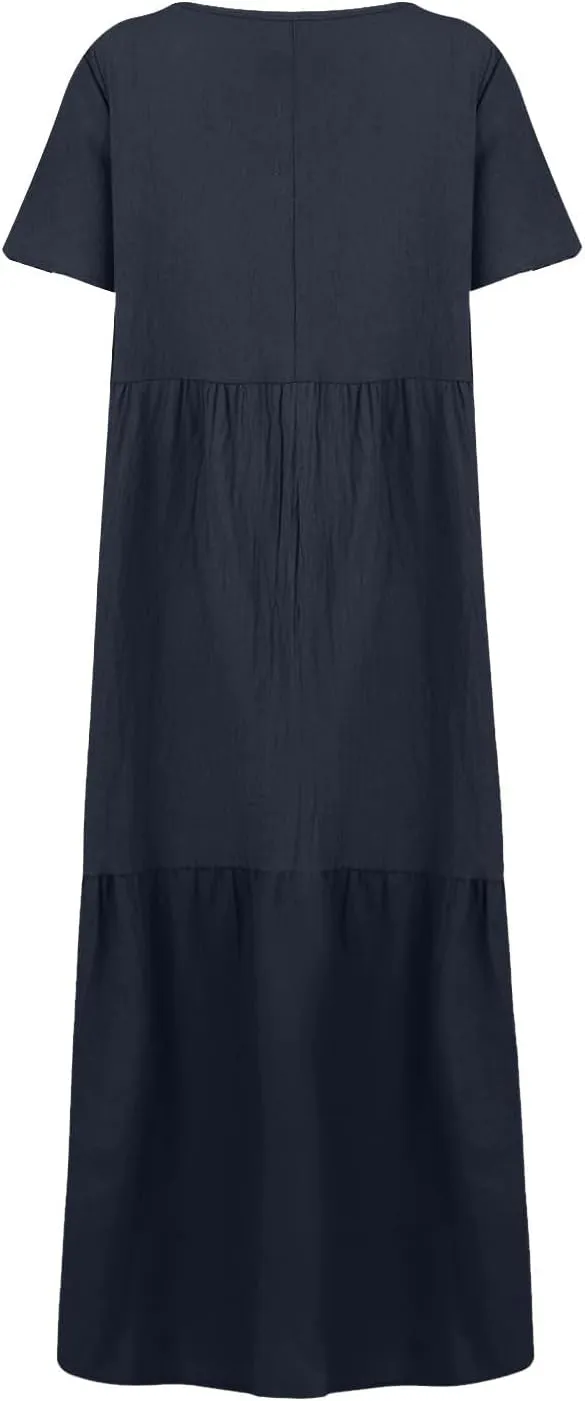 Women's Cruise Outfits 2025 Casual Trendy Loose Short Sleeve V-Neck Solid Color Flowy Maxi Dress Plus Size, S-5XL
