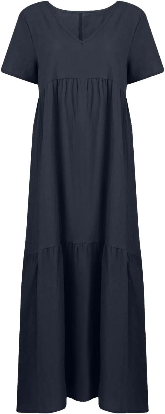 Women's Cruise Outfits 2025 Casual Trendy Loose Short Sleeve V-Neck Solid Color Flowy Maxi Dress Plus Size, S-5XL