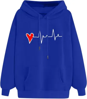 Women's Cute Heart Print Hooded Sweatshirts With Pockets Long Sleeve Hoodies Athletic Workout Pullover Y2K Clothes