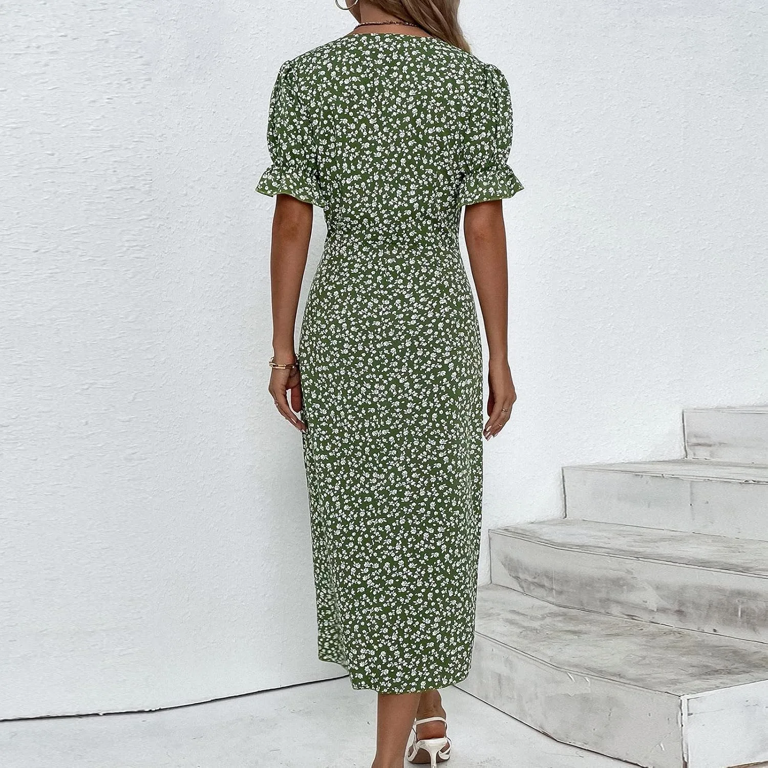Women's Dress V Neck Boho Summer Casual Dresses Floral Short Sleeve Wrap Irregular Hem Dress 2024, S-3XL