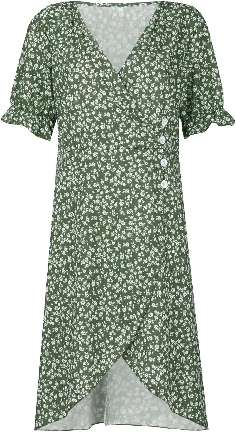 Women's Dress V Neck Boho Summer Casual Dresses Floral Short Sleeve Wrap Irregular Hem Dress 2024, S-3XL