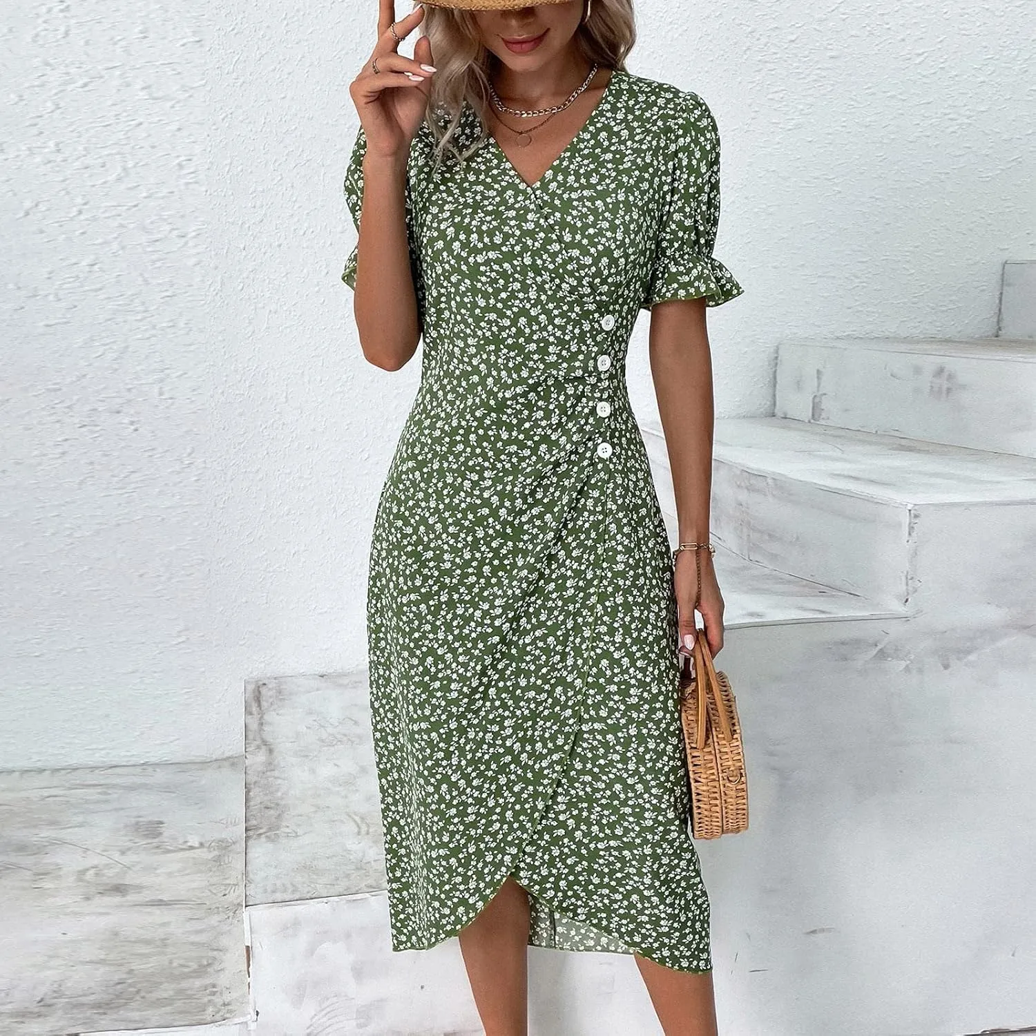 Women's Dress V Neck Boho Summer Casual Dresses Floral Short Sleeve Wrap Irregular Hem Dress 2024, S-3XL