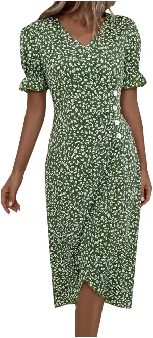 Women's Dress V Neck Boho Summer Casual Dresses Floral Short Sleeve Wrap Irregular Hem Dress 2024, S-3XL
