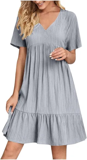 Womens Dresses 2025 Summer Spring V Neck Short Sleeve Casual a Line Ruffle Flowy Swing Dress Mini Dress Beach Dresses