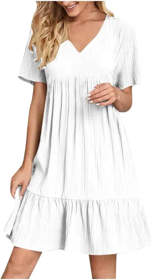 Womens Dresses 2025 Summer Spring V Neck Short Sleeve Casual a Line Ruffle Flowy Swing Dress Mini Dress Beach Dresses
