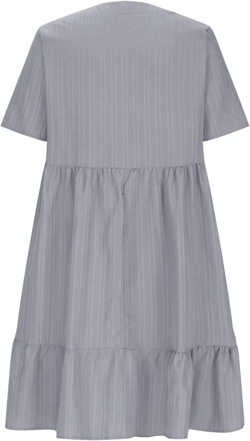 Womens Dresses 2025 Summer Spring V Neck Short Sleeve Casual a Line Ruffle Flowy Swing Dress Mini Dress Beach Dresses