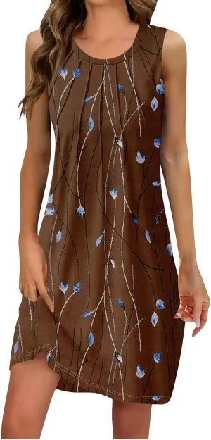 Women's Dresses Summer Midi Tropical Sleeveless U Neck Dressy Tank Dress Casual Knee Length Party Sundress