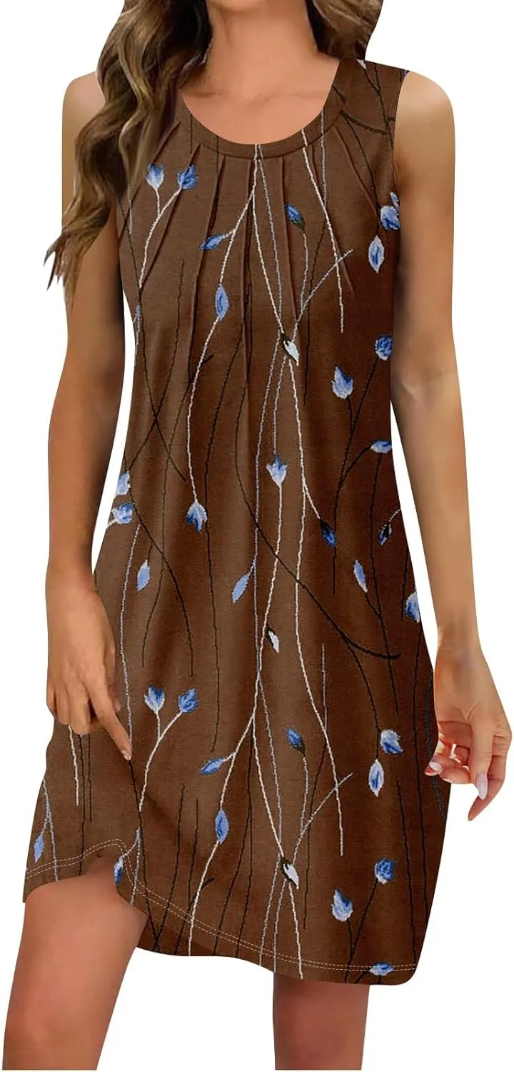 Women's Dresses Summer Midi Tropical Sleeveless U Neck Dressy Tank Dress Casual Knee Length Party Sundress