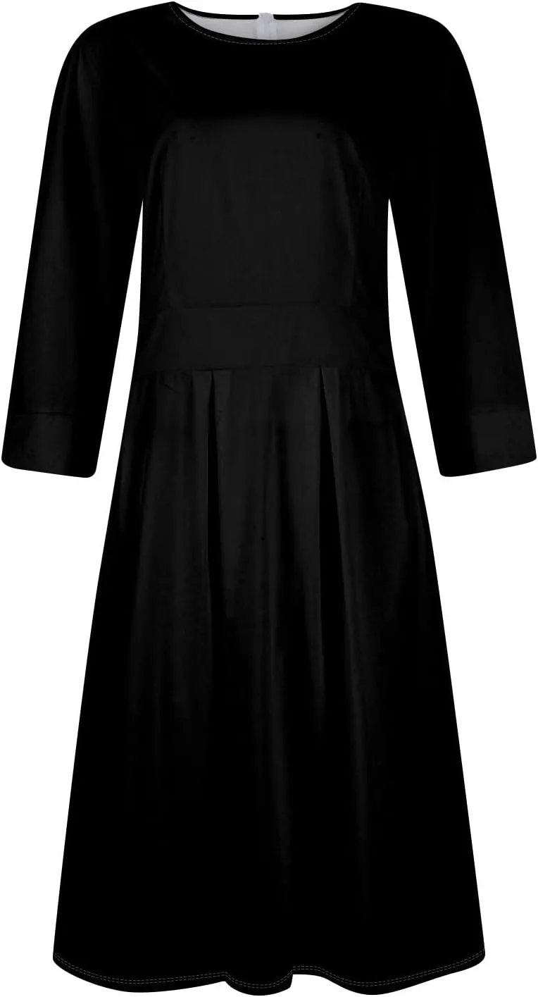 Women's Fall Casual Long Sleeve Crew Neck Printed Back Zipper Dress with Pockets