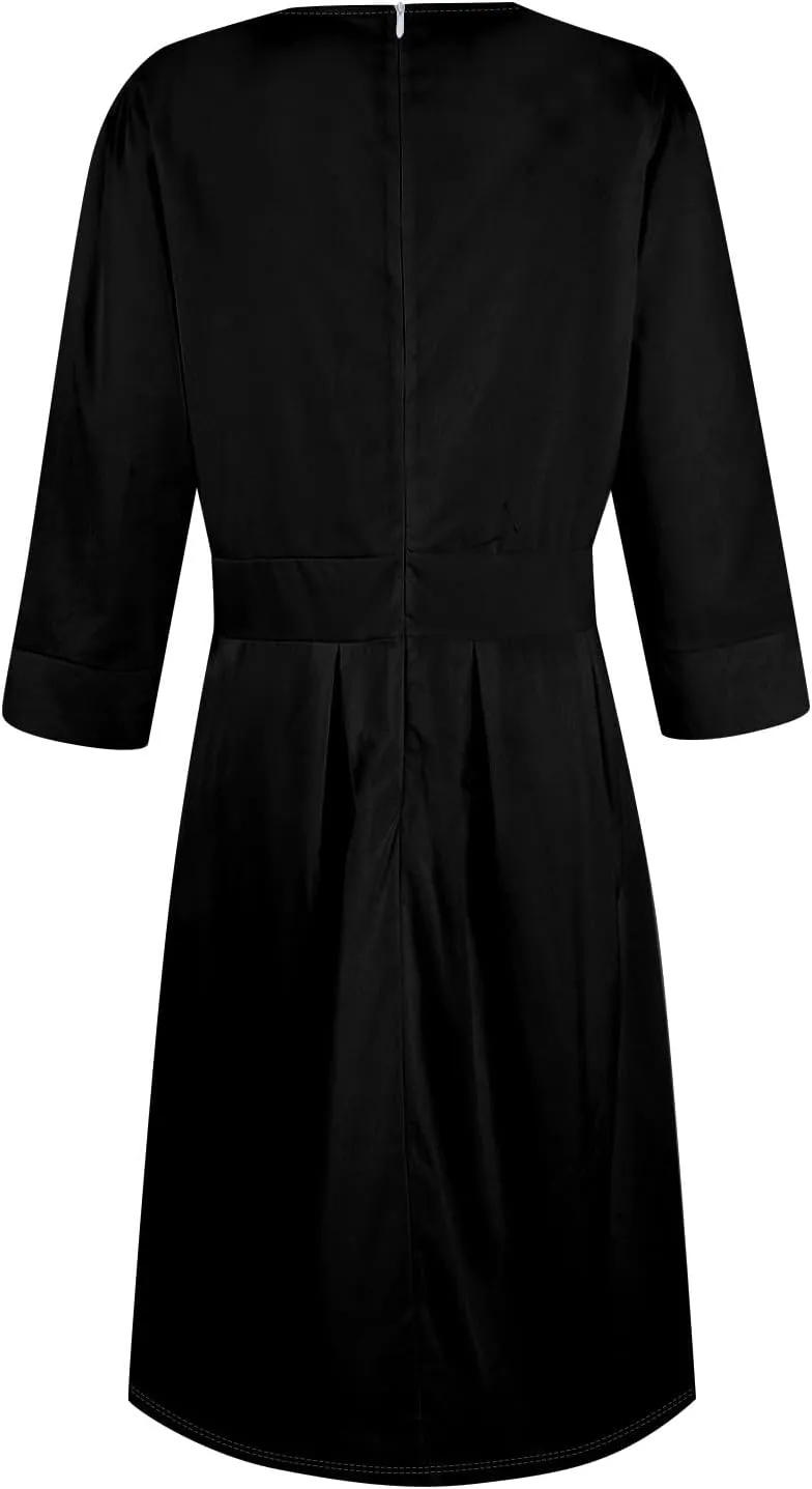 Women's Fall Casual Long Sleeve Crew Neck Printed Back Zipper Dress with Pockets
