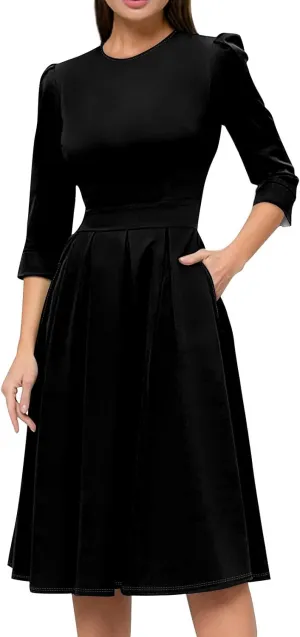 Women's Fall Casual Long Sleeve Crew Neck Printed Back Zipper Dress with Pockets