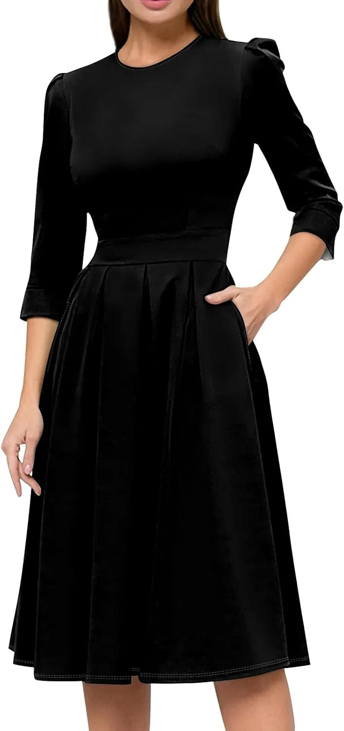 Women's Fall Casual Long Sleeve Crew Neck Printed Back Zipper Dress with Pockets