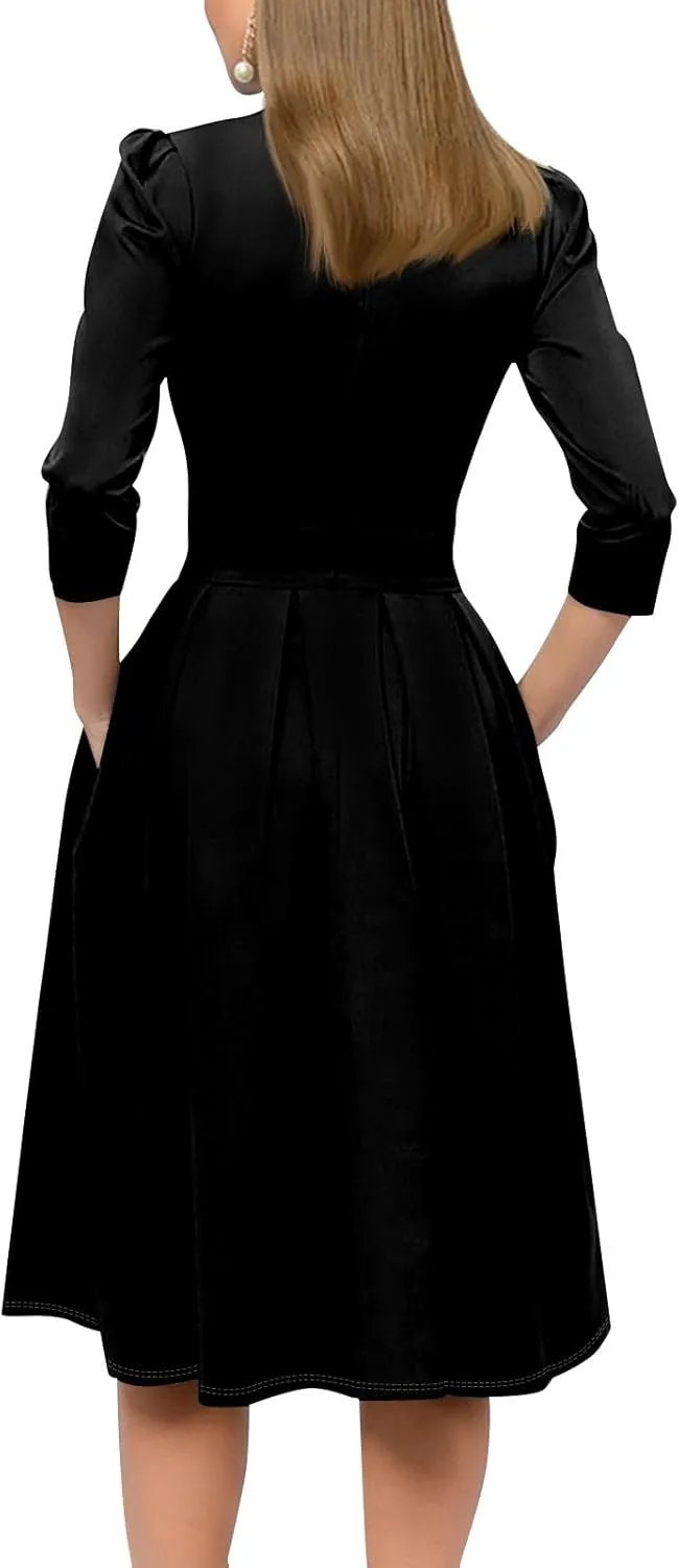 Women's Fall Casual Long Sleeve Crew Neck Printed Back Zipper Dress with Pockets