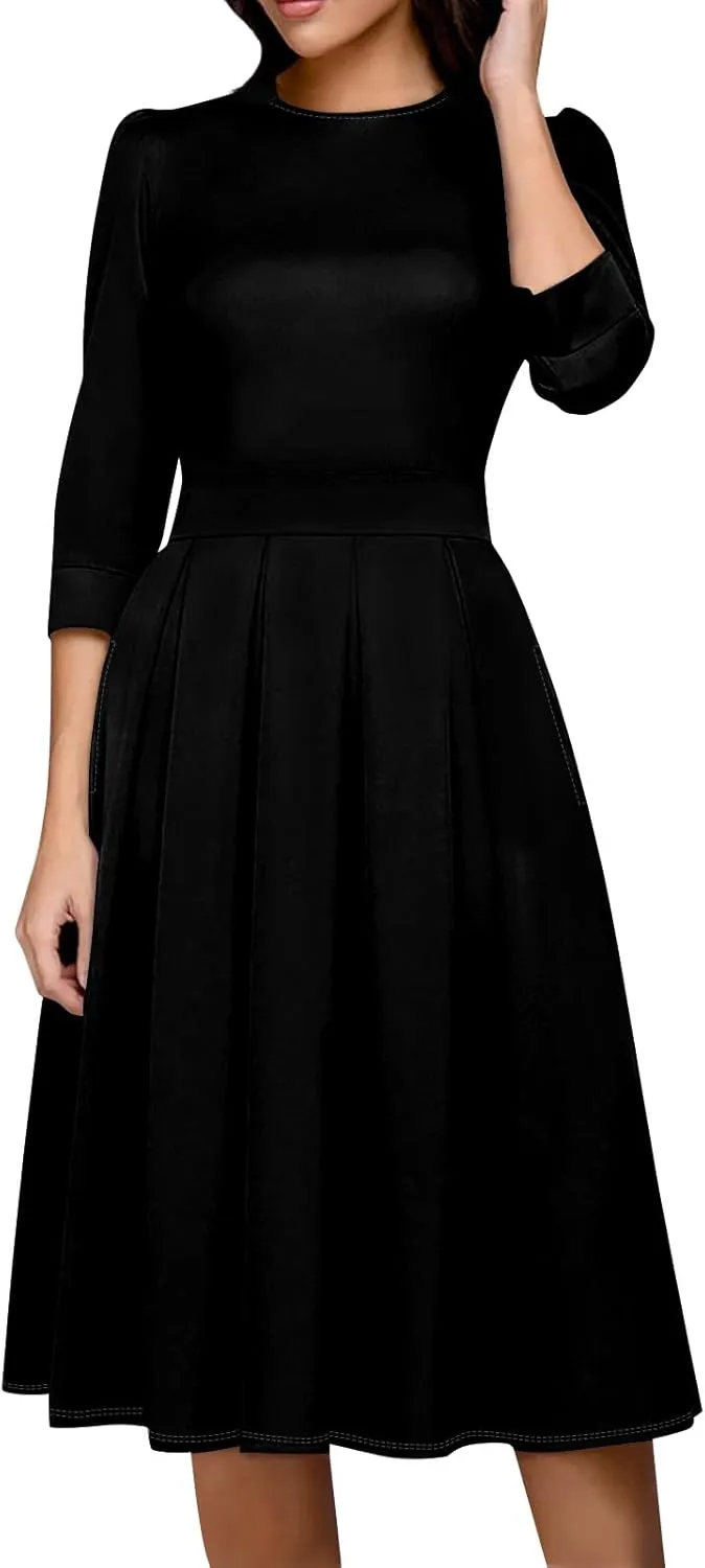 Women's Fall Casual Long Sleeve Crew Neck Printed Back Zipper Dress with Pockets