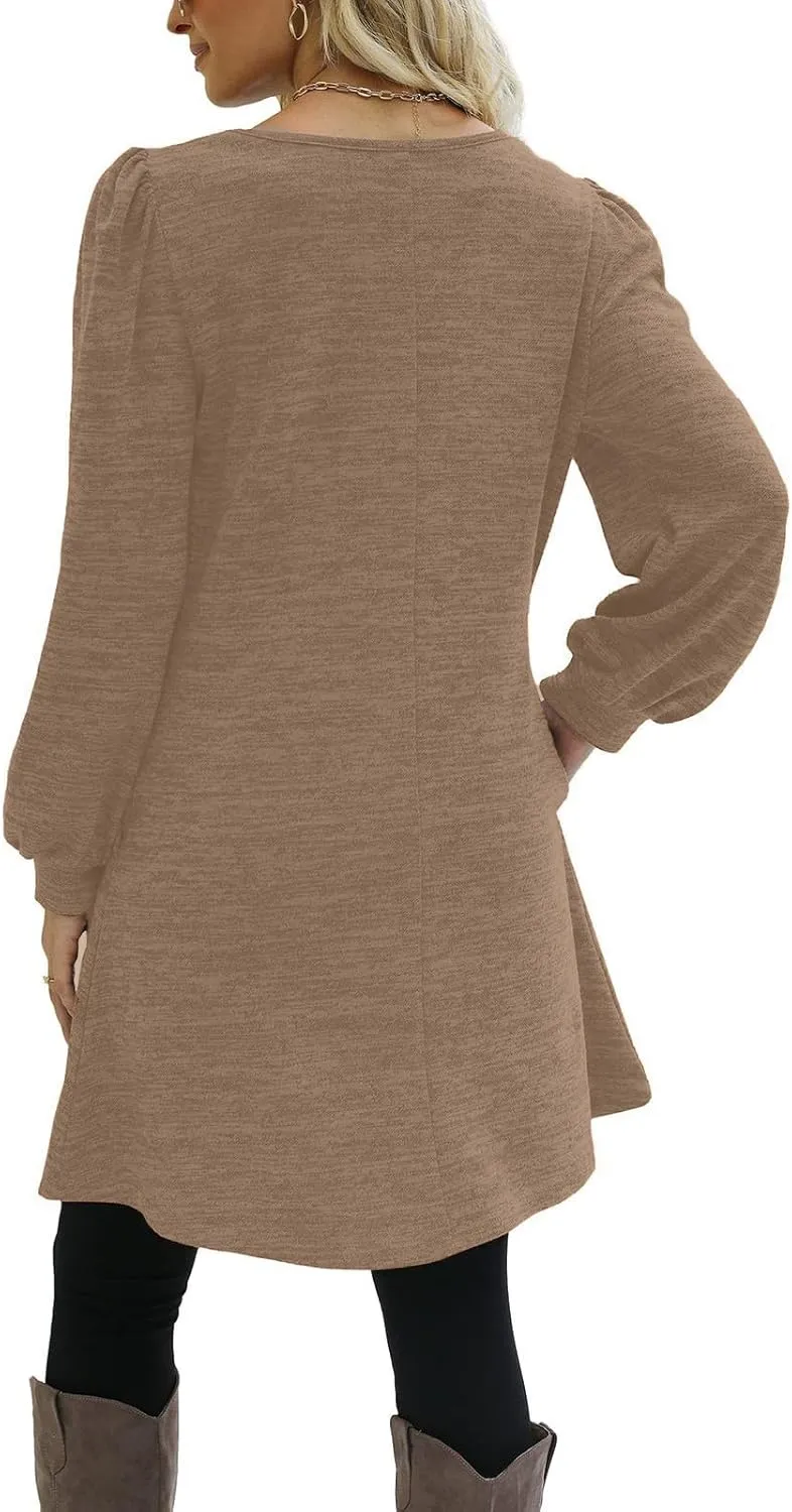 Women's Fall Winter Casual Trendy Loose Long Sleeve Crew Neck Button Solid Snowflake Print Christmas Dress, S-3XL