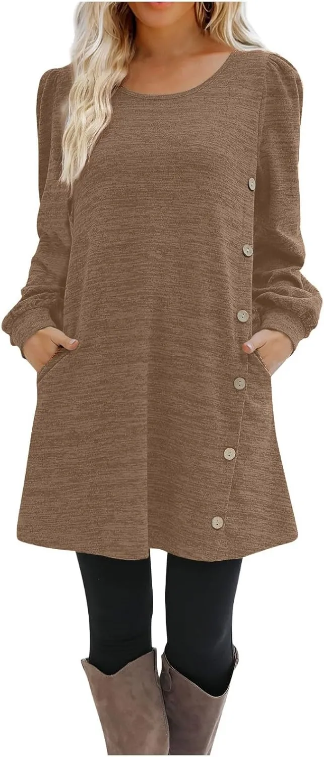 Women's Fall Winter Casual Trendy Loose Long Sleeve Crew Neck Button Solid Snowflake Print Christmas Dress, S-3XL