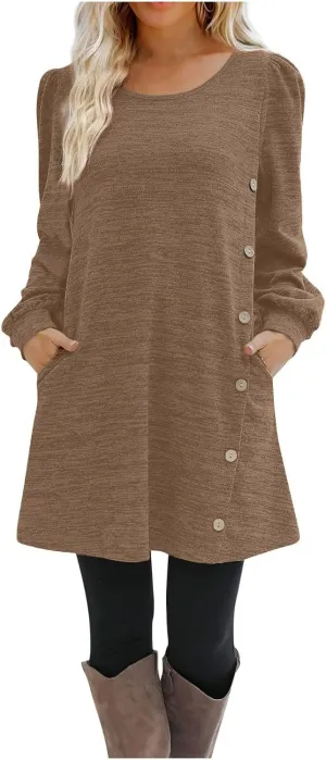 Women's Fall Winter Casual Trendy Loose Long Sleeve Crew Neck Button Solid Snowflake Print Christmas Dress, S-3XL