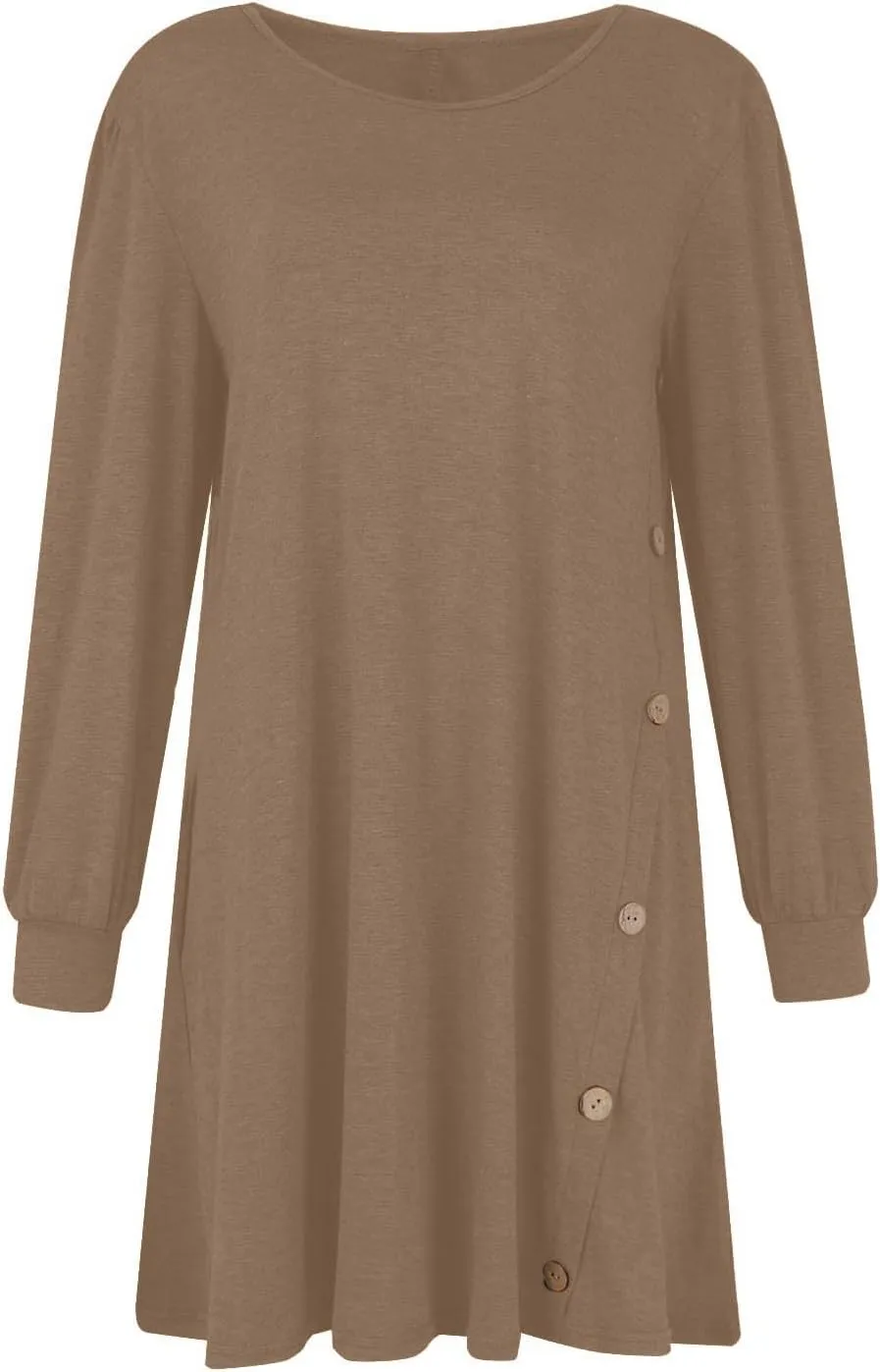 Women's Fall Winter Casual Trendy Loose Long Sleeve Crew Neck Button Solid Snowflake Print Christmas Dress, S-3XL